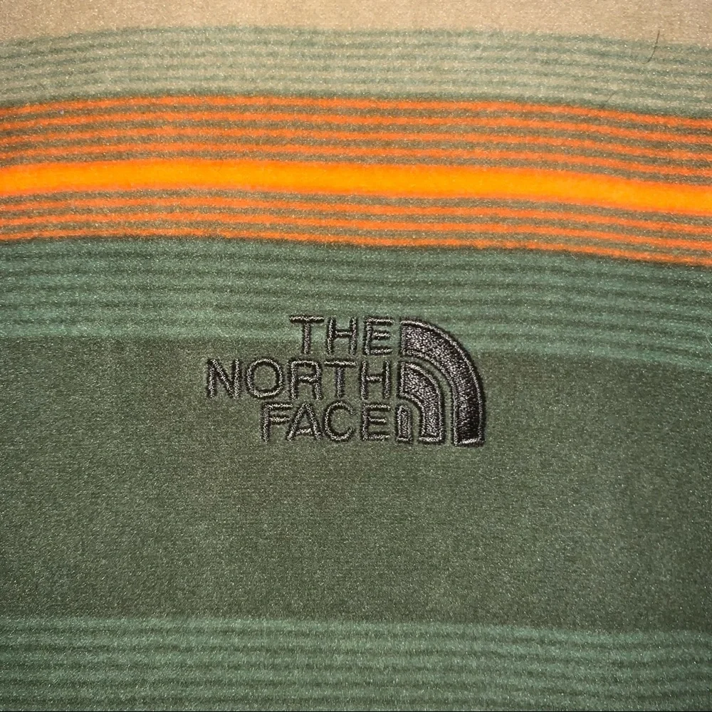 The North Face Olive Green Tan and Orange Striped Half-Zip Pullover